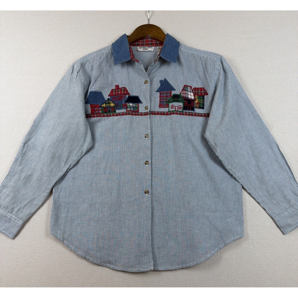 VTG Victoria Jones Cottagecore House Patchwork Button Up Shirt Size PL Striped